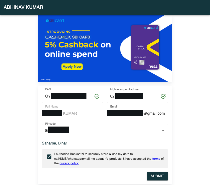 SBI Cashback Credit Card Apply Online